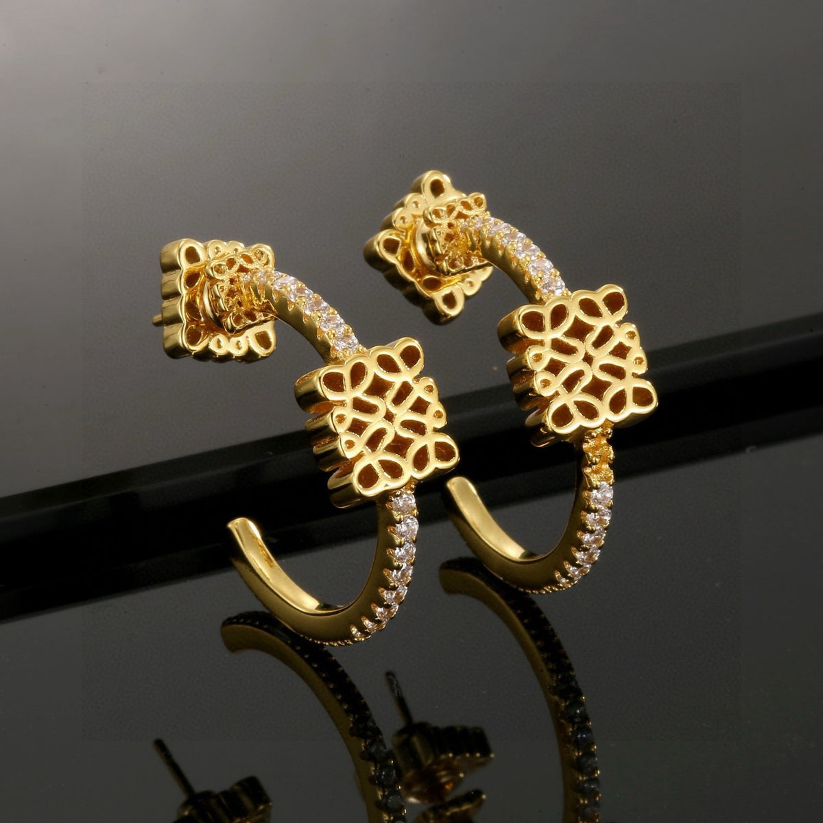 Floral Motif Stud Earrings in Gold-Tone with Crystal-Style Accents – Design 03 styled view