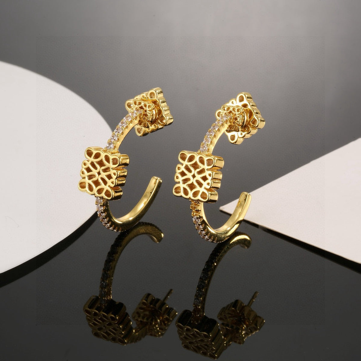 Floral Motif Stud Earrings in Gold-Tone with Crystal-Style Accents – Design 06 main product view
