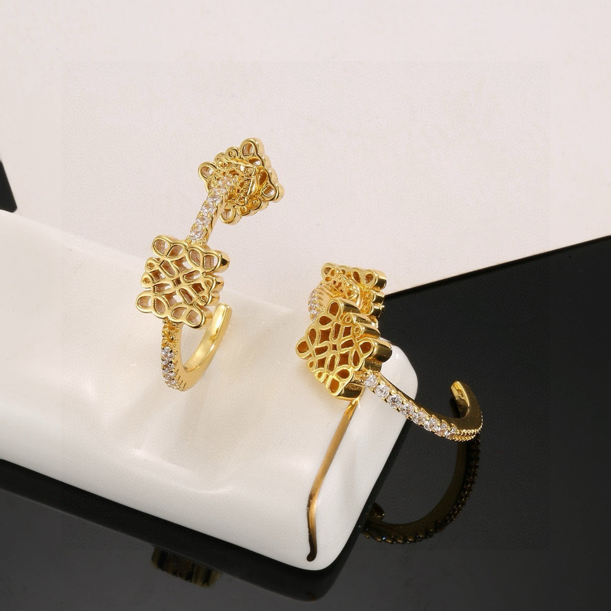 Floral Motif Stud Earrings in Gold-Tone with Crystal-Style Accents – Design 03 front view