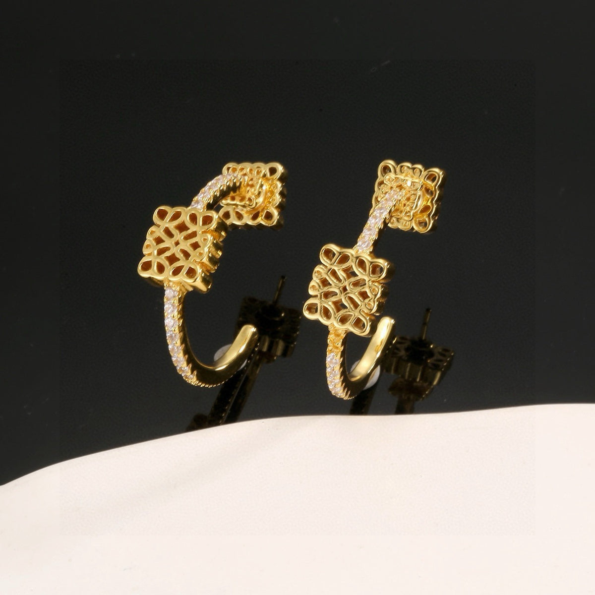Floral Motif Stud Earrings in Gold-Tone with Crystal-Style Accents – Design 03 side detail