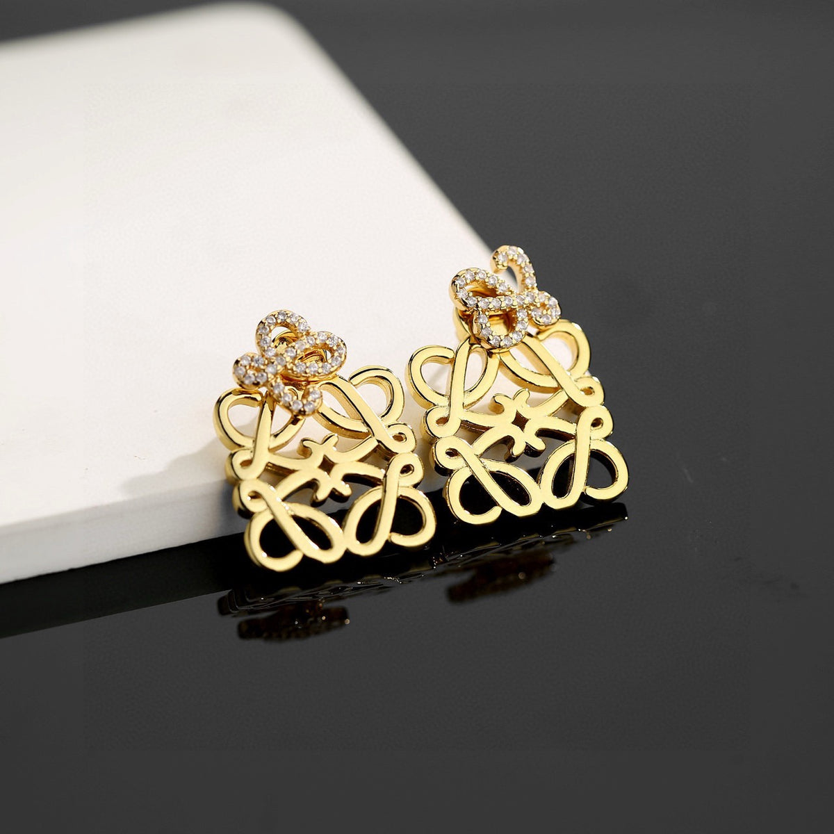 Floral Motif Stud Earrings in Gold-Tone with Crystal-Style Accents – Design 04 front view
