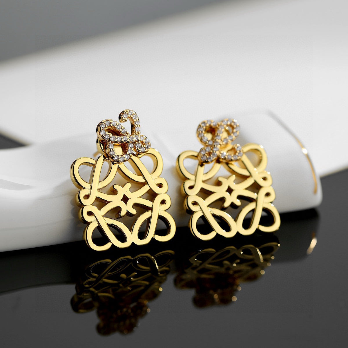 Floral Motif Stud Earrings in Gold-Tone with Crystal-Style Accents – Design 04 front view