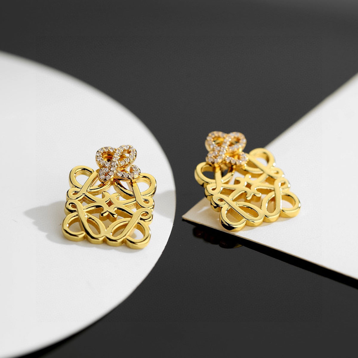 Floral Motif Stud Earrings in Gold-Tone with Crystal-Style Accents – Design 04 side detail
