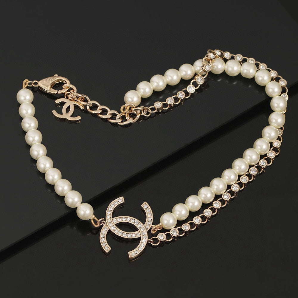 Double-C Emblem Pearl-Detail Pendant Necklace – Pearl Detail – Design 113 front product view
