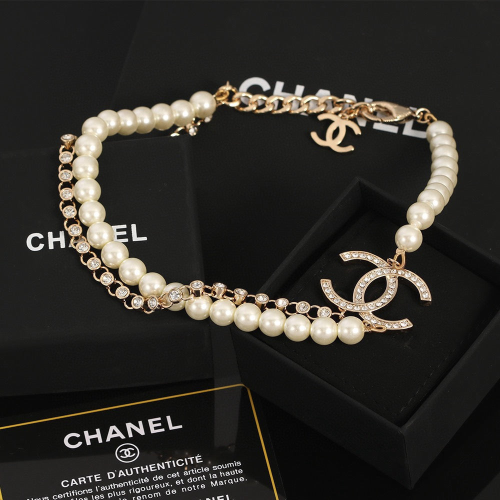 Double-C Emblem Pearl-Detail Pendant Necklace – Pearl Detail – Design 040 main product view