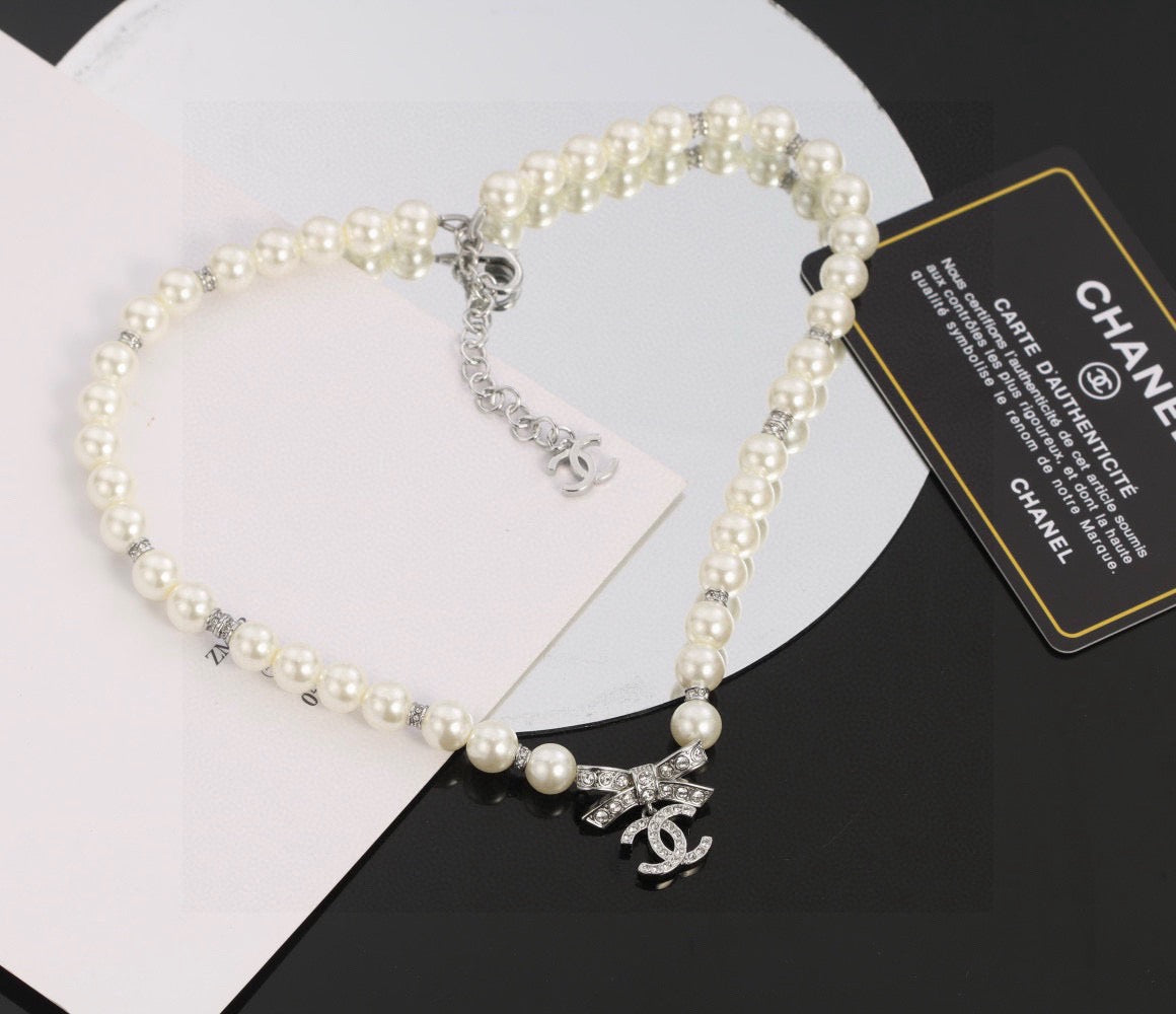 Bow Pearl-Detail Pendant Necklace – Pearl Detail – Design 011 front product view