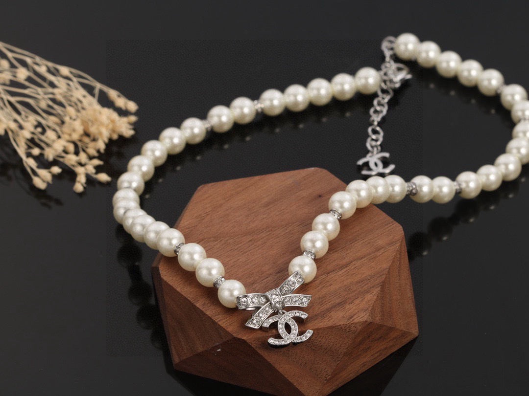 Bow Pearl-Detail Pendant Necklace – Pearl Detail – Design 011 front product view