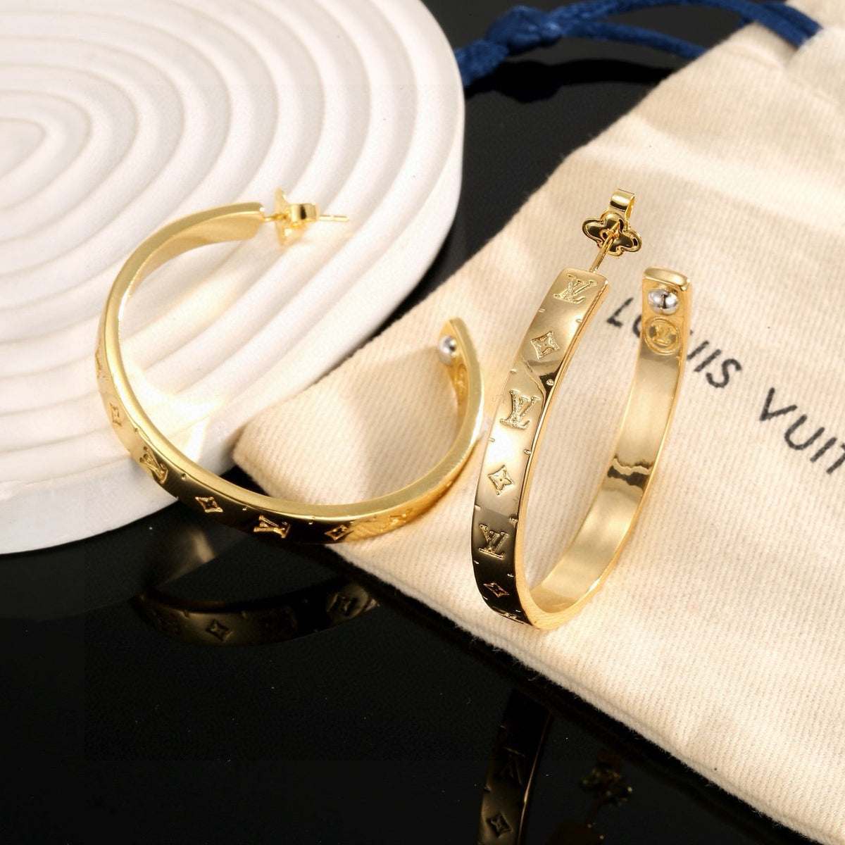Letter Emblem Stud Earrings in Polished Metal-Tone – Design 014 close-up detail