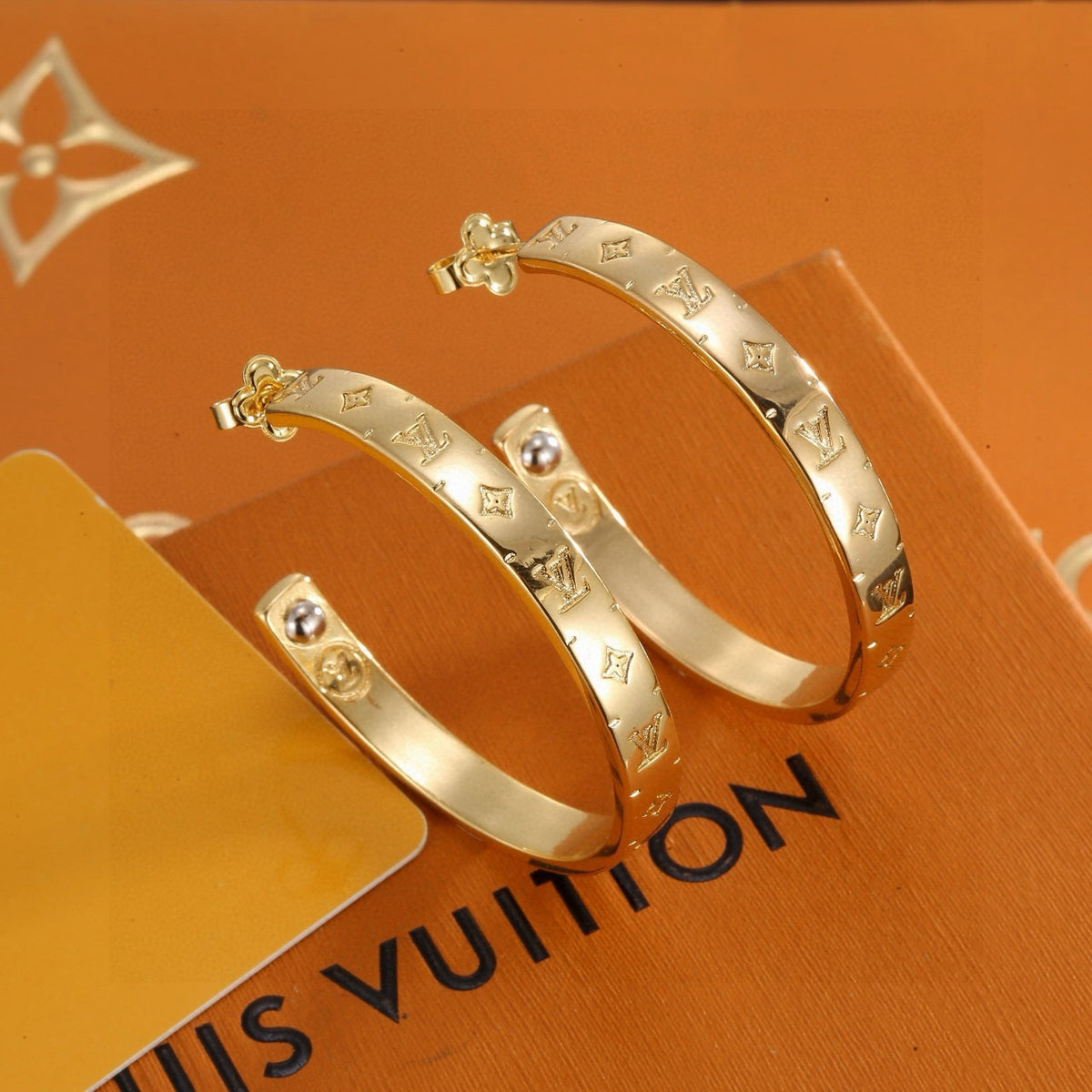 Letter Emblem Stud Earrings in Polished Metal-Tone – Design 037 front product view
