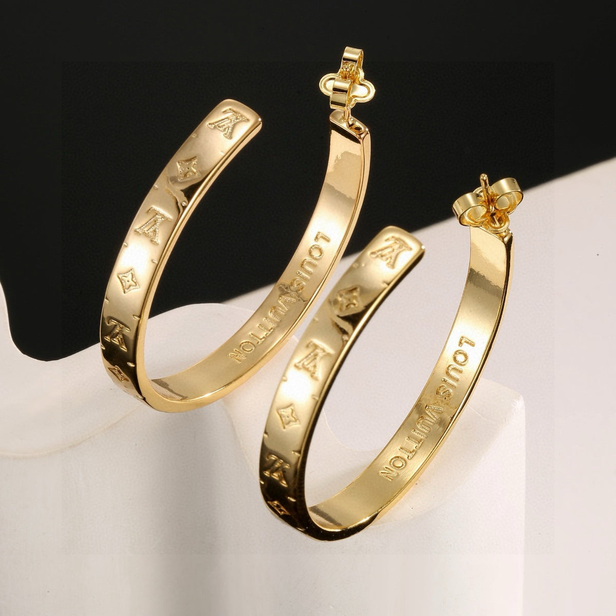 Letter Emblem Stud Earrings in Polished Metal-Tone – Design 014 detail view