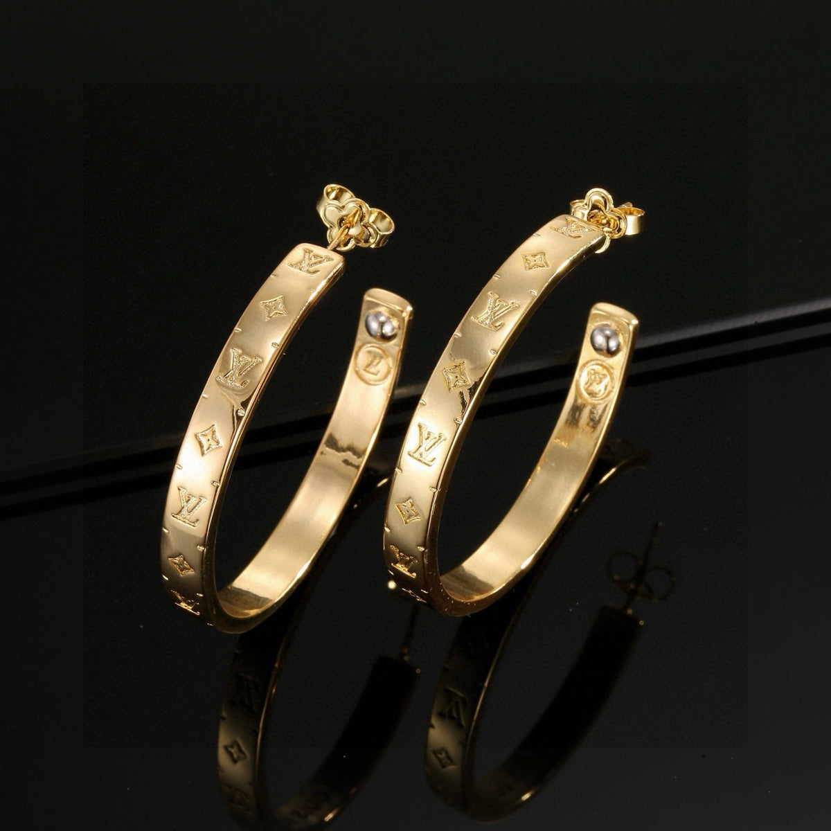 Letter Emblem Stud Earrings in Polished Metal-Tone – Design 014 styled product view