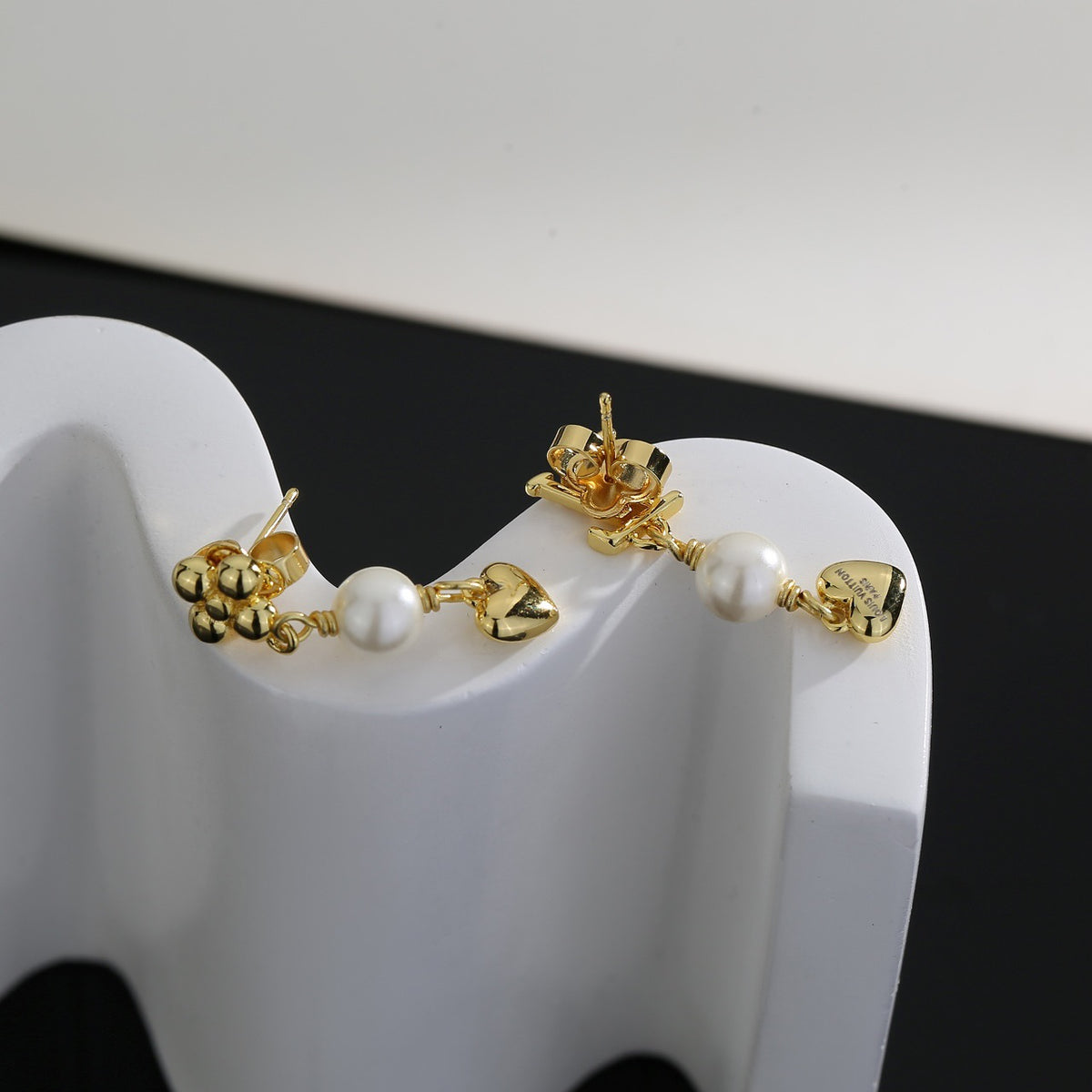 Letter Emblem Stud Earrings in Polished Metal-Tone – Design 013 close-up detail