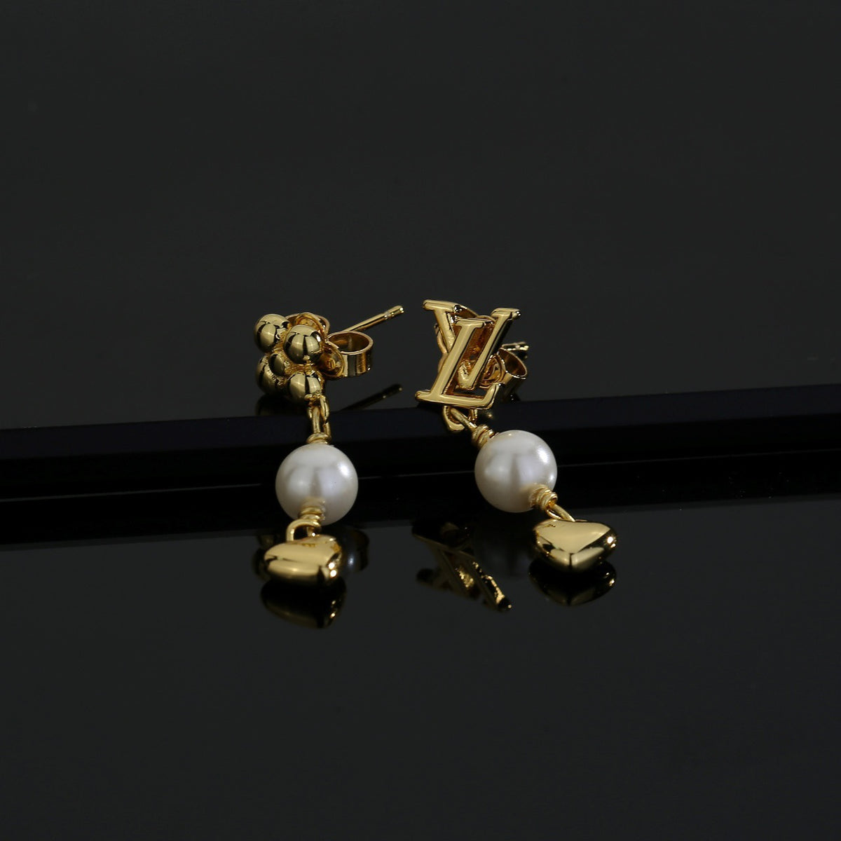 Letter Emblem Stud Earrings in Polished Metal-Tone – Design 036 front product view