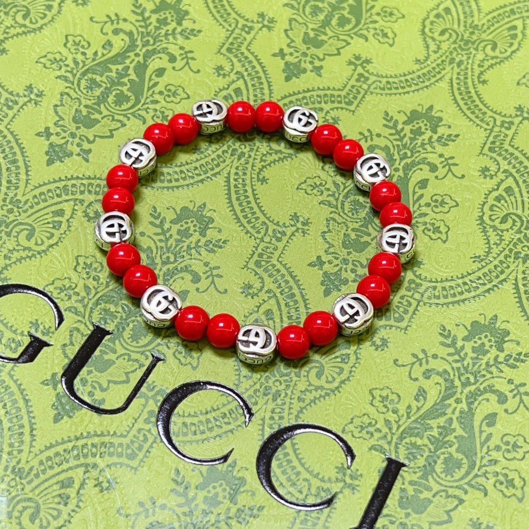 Double-G Emblem Beaded Bracelet in Polished Metal-Tone – Crystal Detail – Design 010 front product view