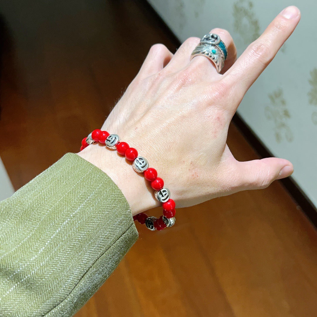 Double-G Emblem Beaded Bracelet in Polished Metal-Tone – Crystal Detail – Design 016 detail view