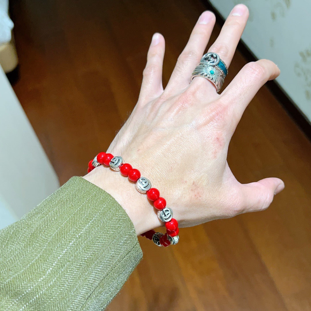 Double-G Emblem Beaded Bracelet in Polished Metal-Tone – Crystal Detail – Design 010 styled product view