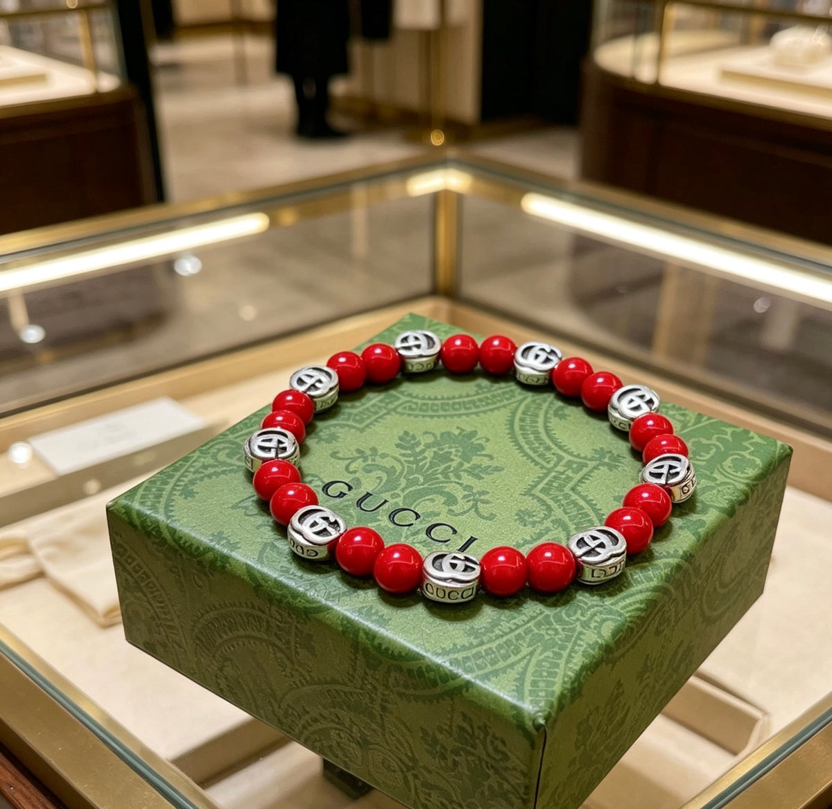 Double-G Emblem Beaded Bracelet in Polished Metal-Tone – Crystal Detail – Design 010 front product view