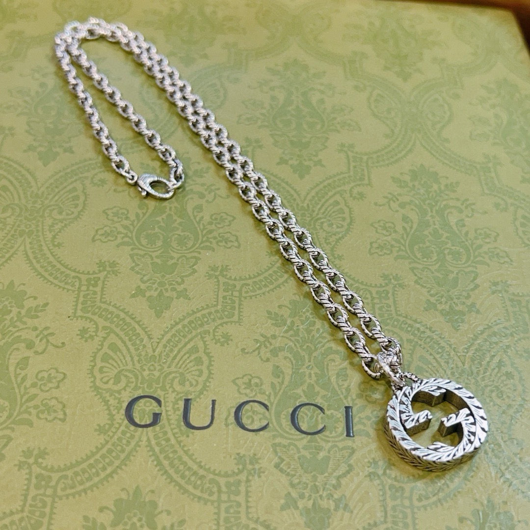 Double-G Emblem Pendant Necklace in Polished Metal-Tone – Design 098 front product view
