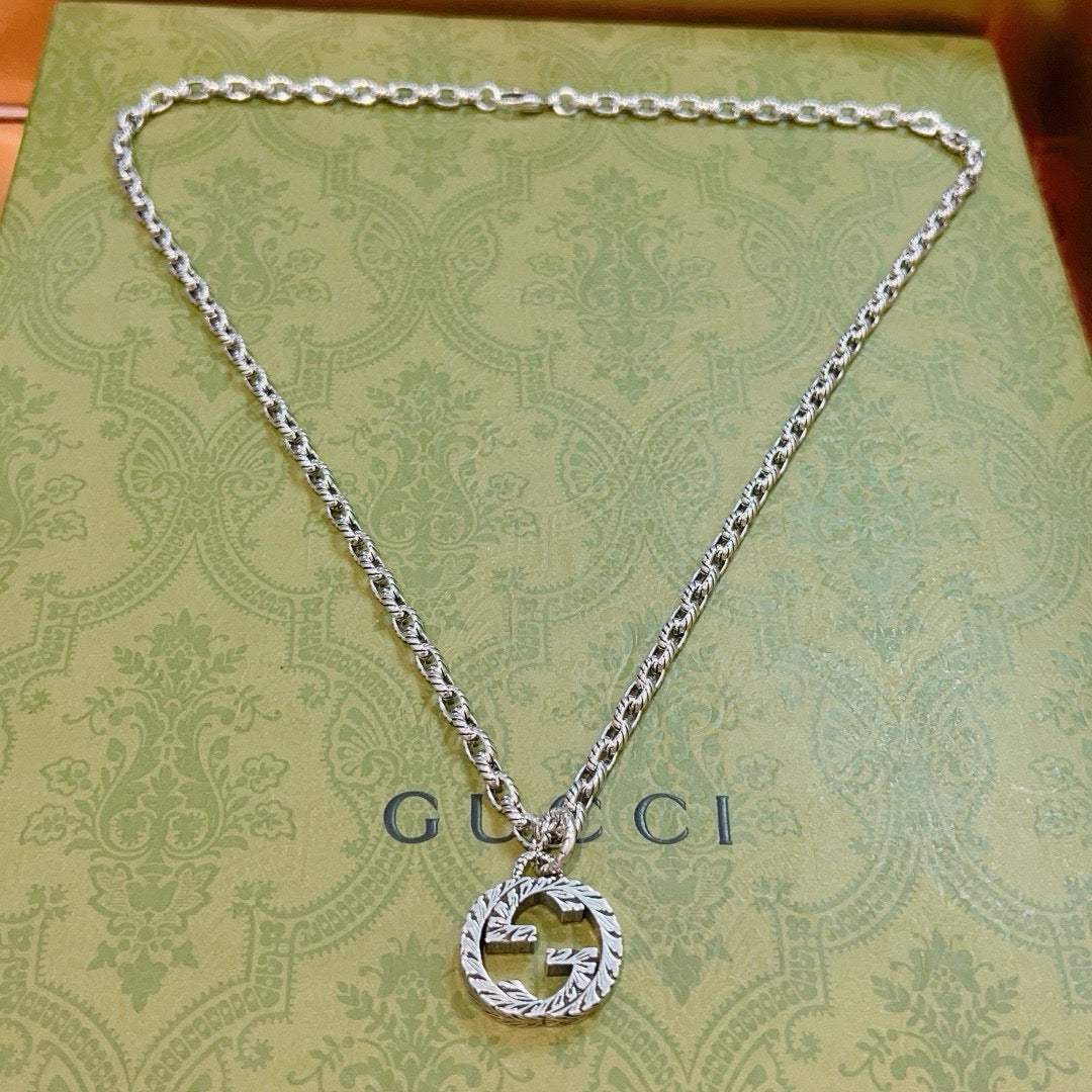 Double-G Emblem Pendant Necklace in Polished Metal-Tone – Design 098 main product view