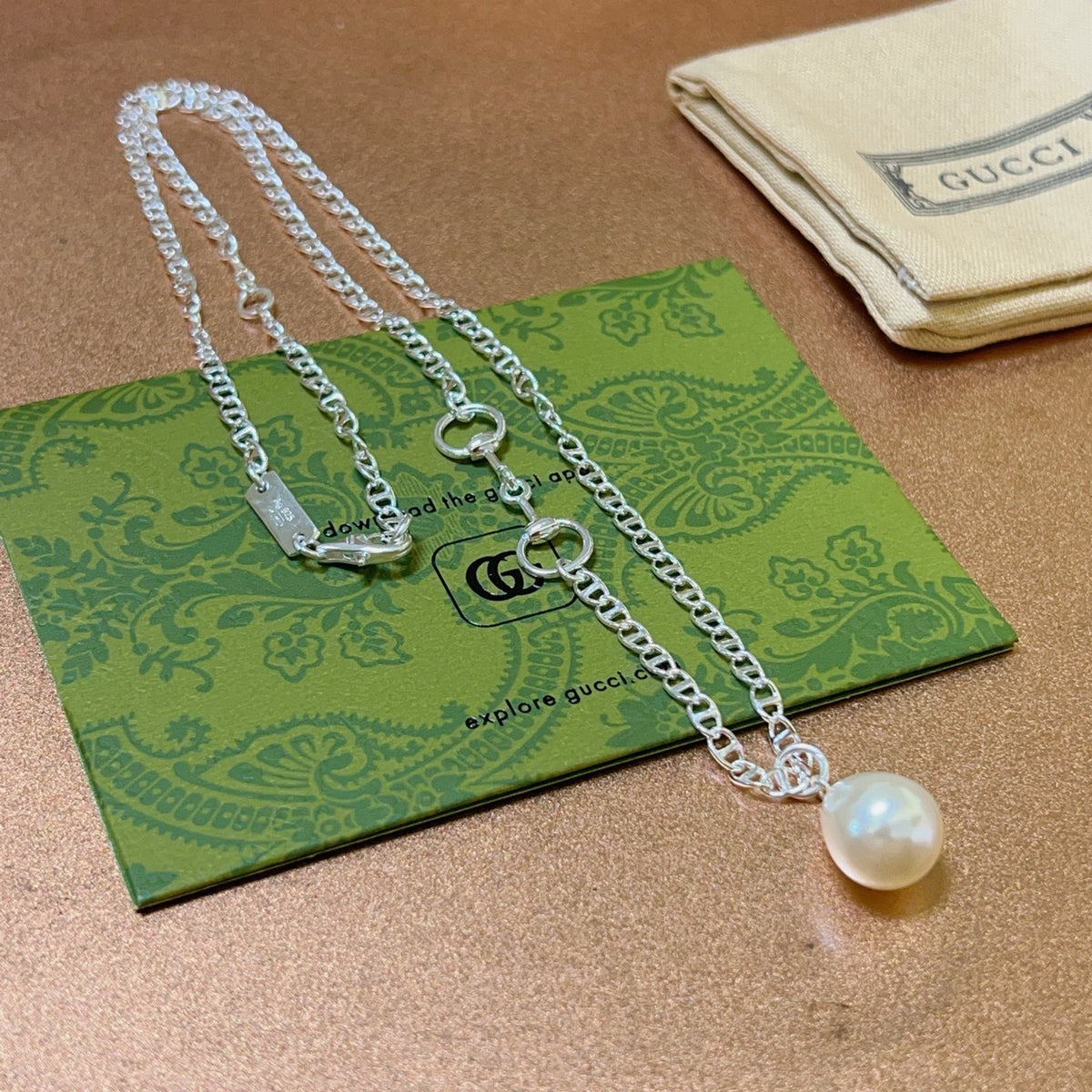 Double-G Emblem Pendant Necklace in Polished Metal-Tone – Design 196 side detail