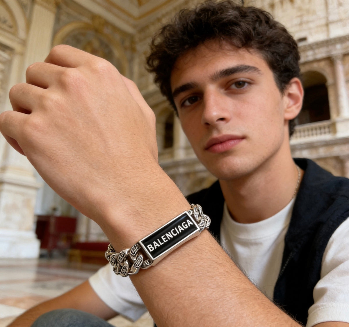 Geometric Emblem Bracelet in Polished Metal-Tone – Design 062 close-up detail