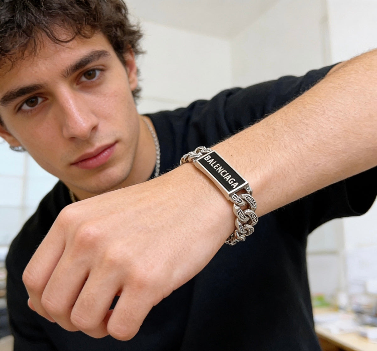 Geometric Emblem Bracelet in Polished Metal-Tone – Design 037 detail view