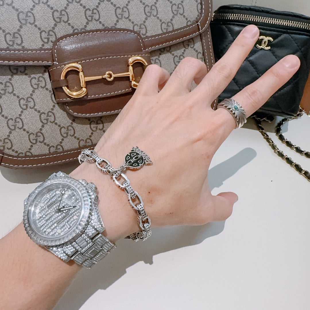 Geometric Emblem Bracelet in Polished Metal-Tone – Design 063 detail view