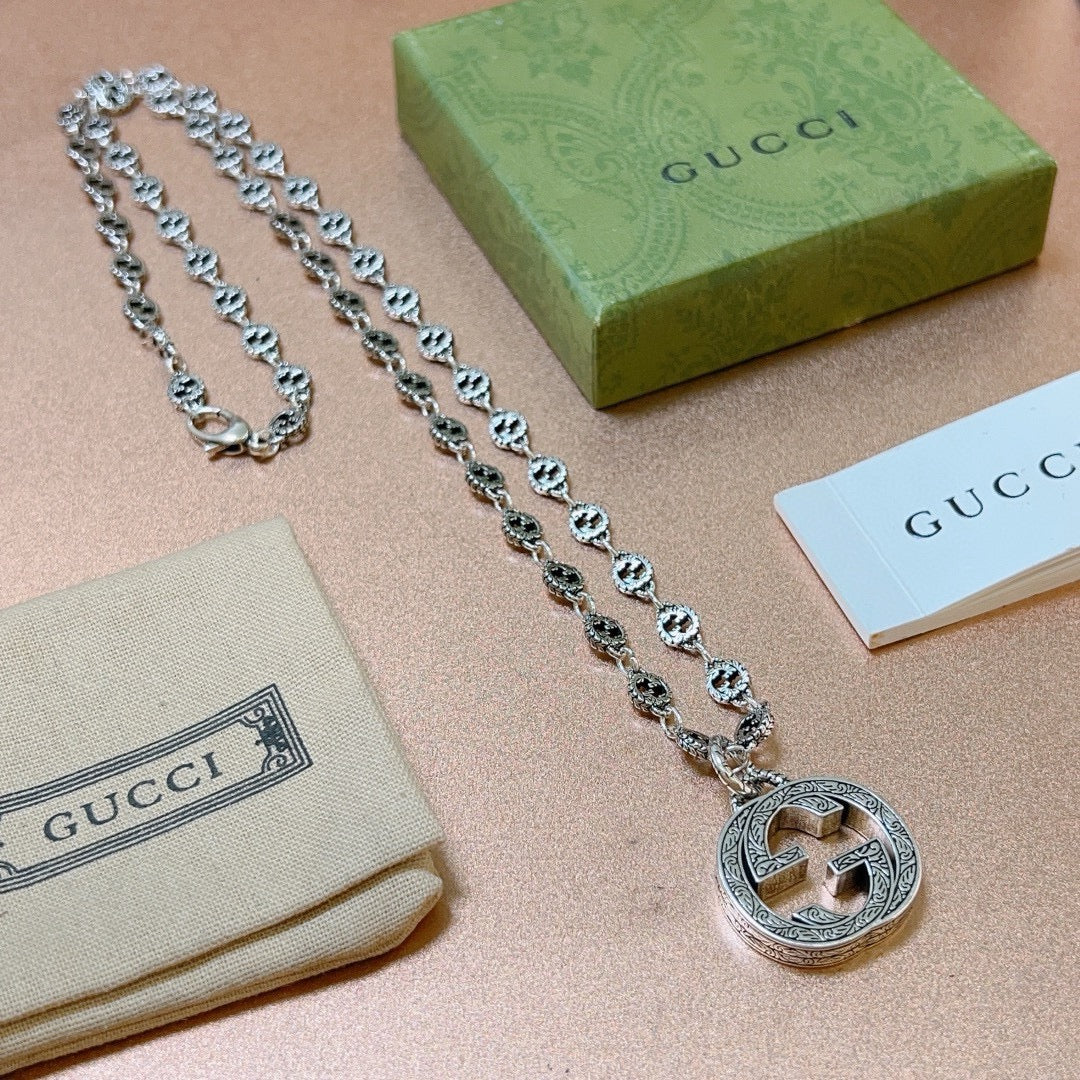 Double-G Emblem Pendant Necklace in Polished Metal-Tone – Vintage Detail – Design 023 main product view
