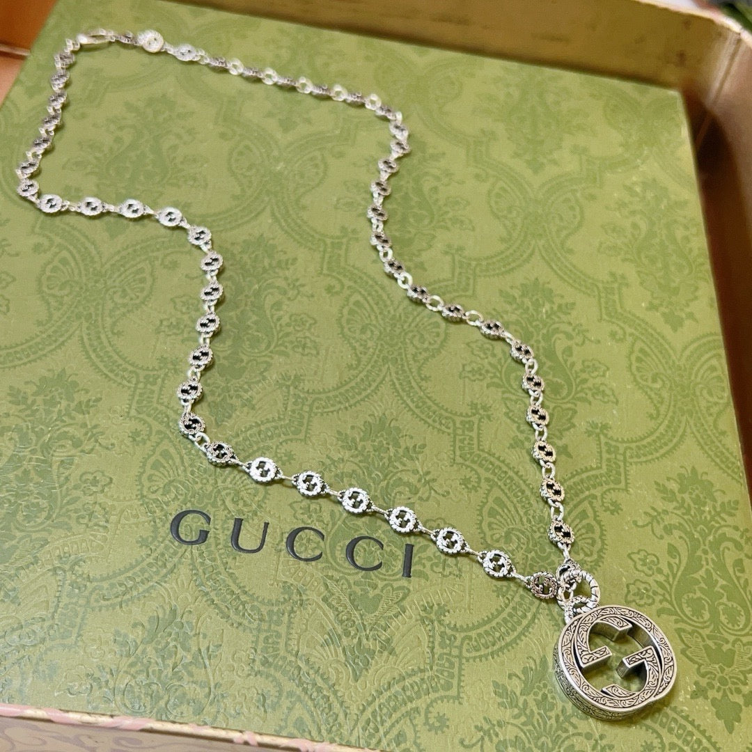 Double-G Emblem Pendant Necklace in Polished Metal-Tone – Vintage Detail – Design 023 main product view