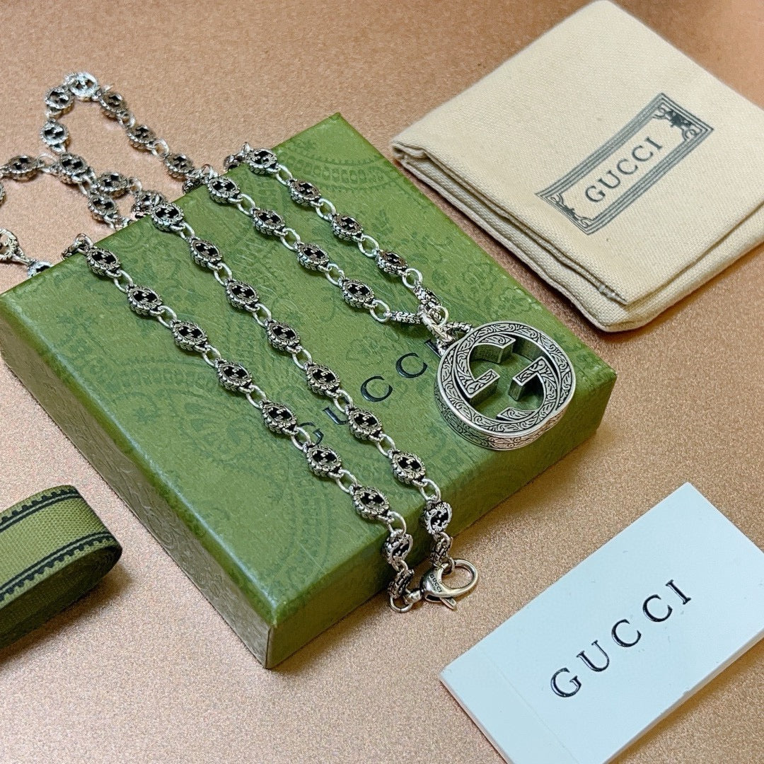 Double-G Emblem Pendant Necklace in Polished Metal-Tone – Vintage Detail – Design 023 front product view