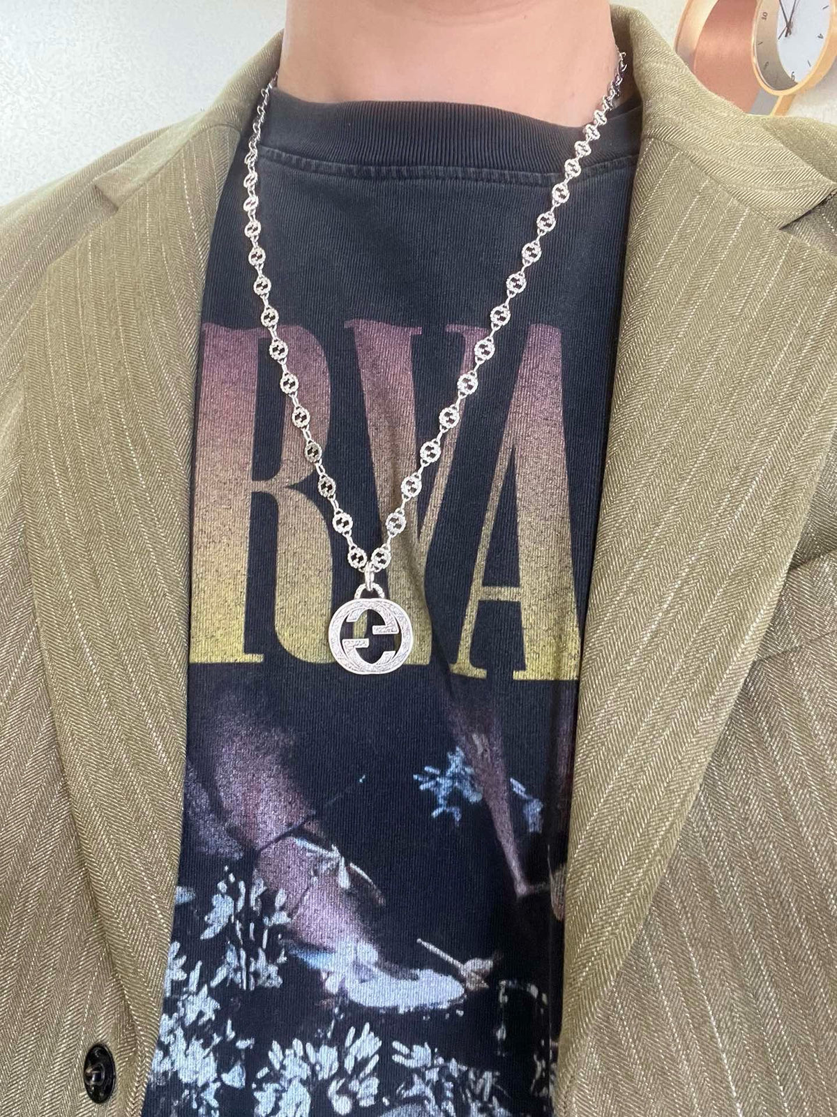 Double-G Emblem Pendant Necklace in Polished Metal-Tone – Vintage Detail – Design 059 styled product view
