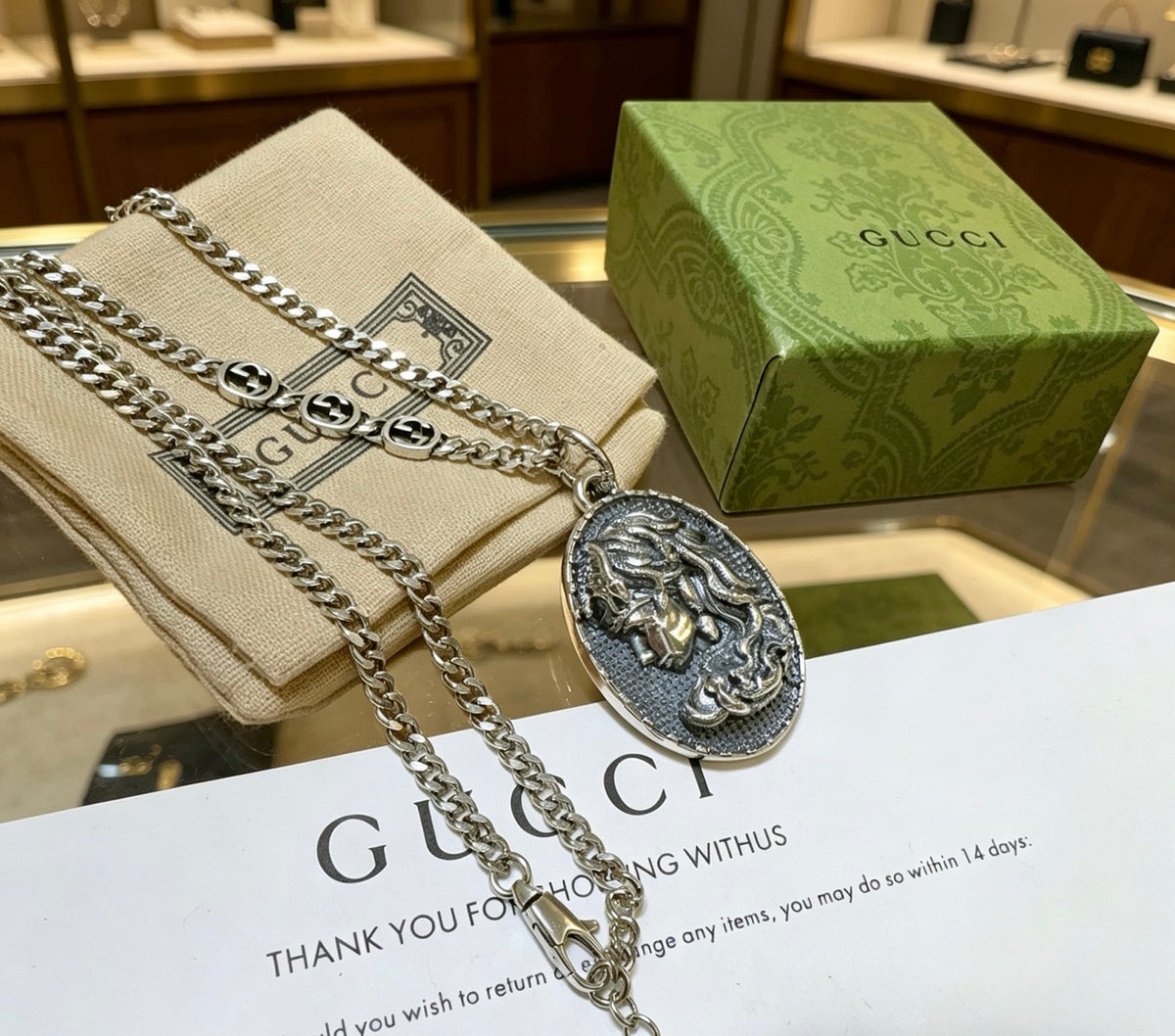 Double-G Emblem Pendant Necklace in Silver-Tone – Vintage Detail – Design 021 main product view
