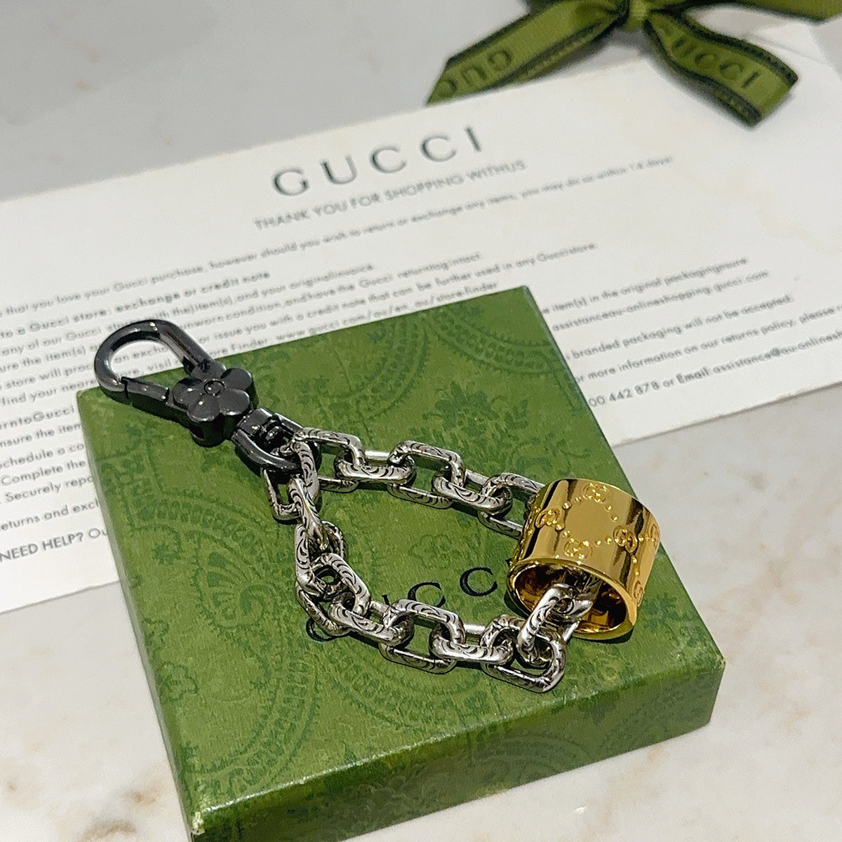 Double-G Emblem Keychain in Polished Metal-Tone – Design 053 detail view