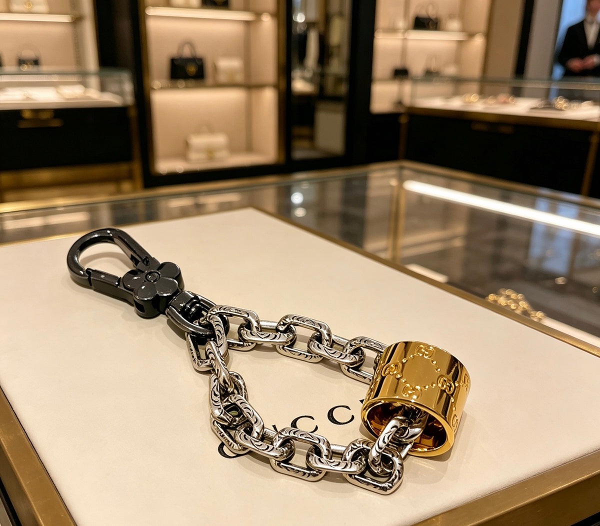 Double-G Emblem Keychain in Polished Metal-Tone – Design 020 main product view