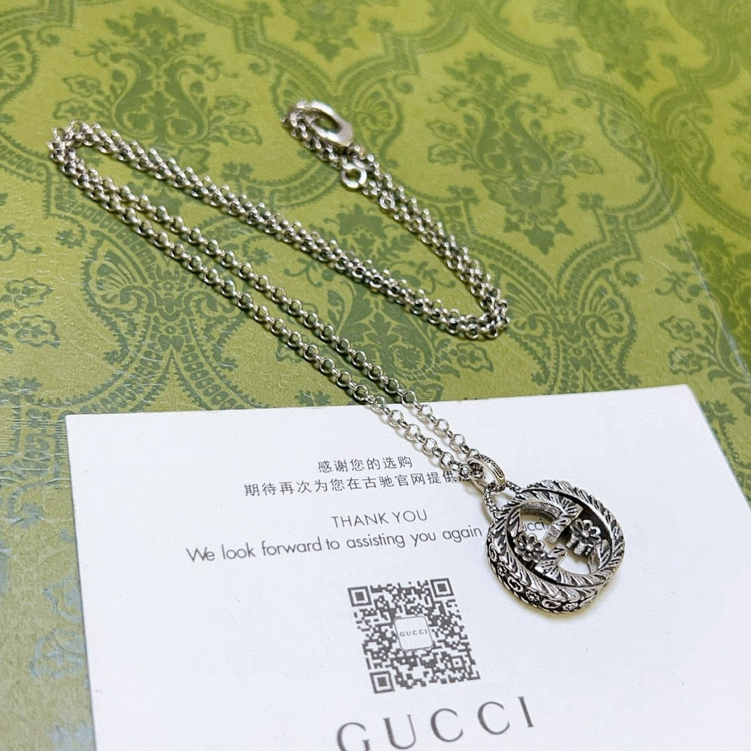Double-G Emblem Pendant Necklace in Polished Metal-Tone – Design 201 front product view