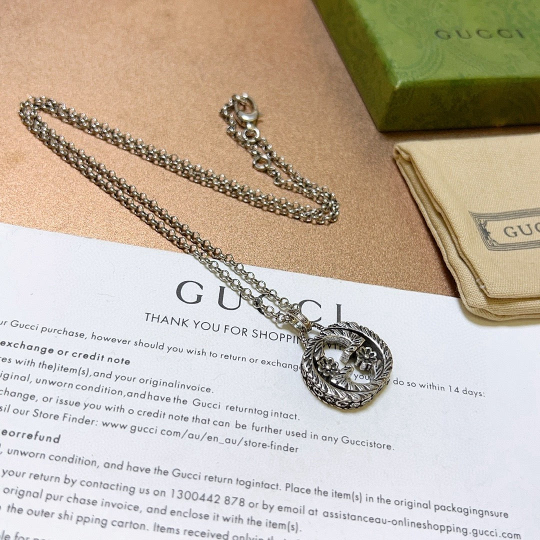Double-G Emblem Pendant Necklace in Polished Metal-Tone – Design 094 front product view