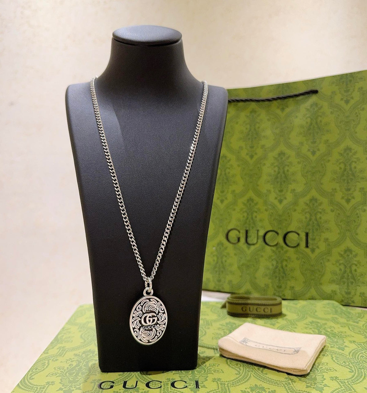 Double-G Emblem Pendant Necklace in Polished Metal-Tone – Design 093 main product view
