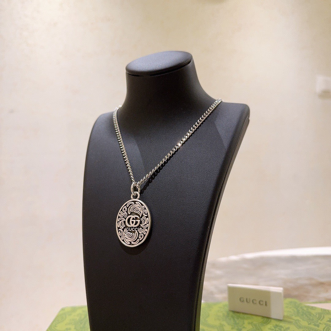 Double-G Emblem Pendant Necklace in Polished Metal-Tone – Design 093 front product view