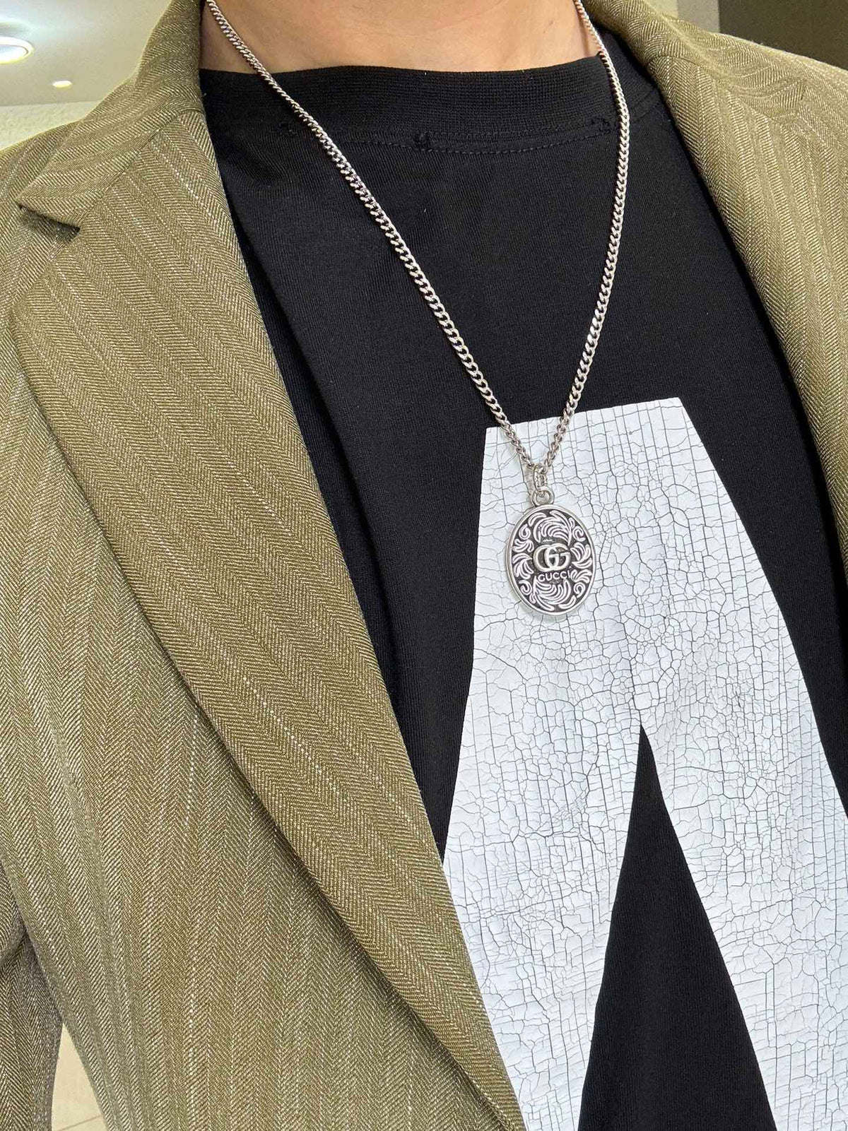 Double-G Emblem Pendant Necklace in Polished Metal-Tone – Design 200 detail view
