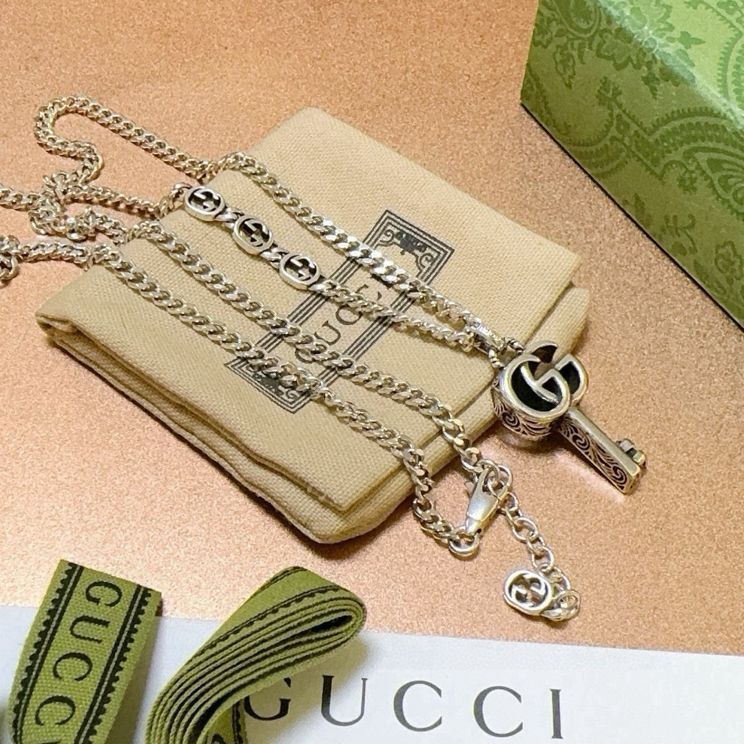 Double-G Emblem Pendant Necklace in Polished Metal-Tone – Vintage Detail – Design 022 front product view