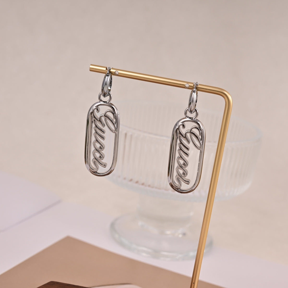 Geometric Emblem Stud Earrings in Polished Metal-Tone – Design 047 close-up detail