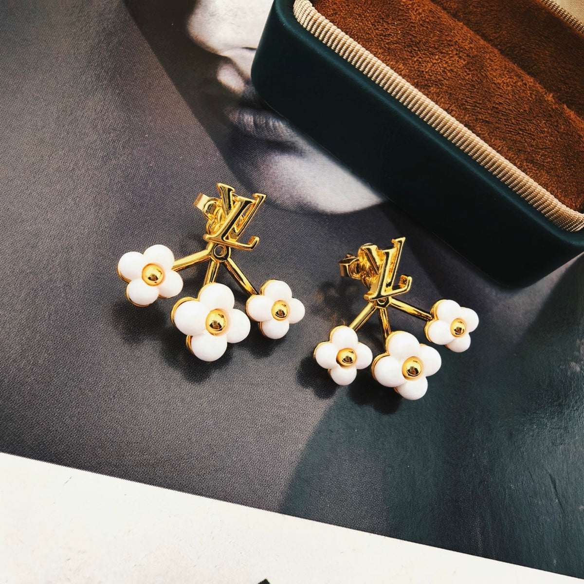 Geometric Emblem Stud Earrings in Polished Metal-Tone – Design 041 detail view