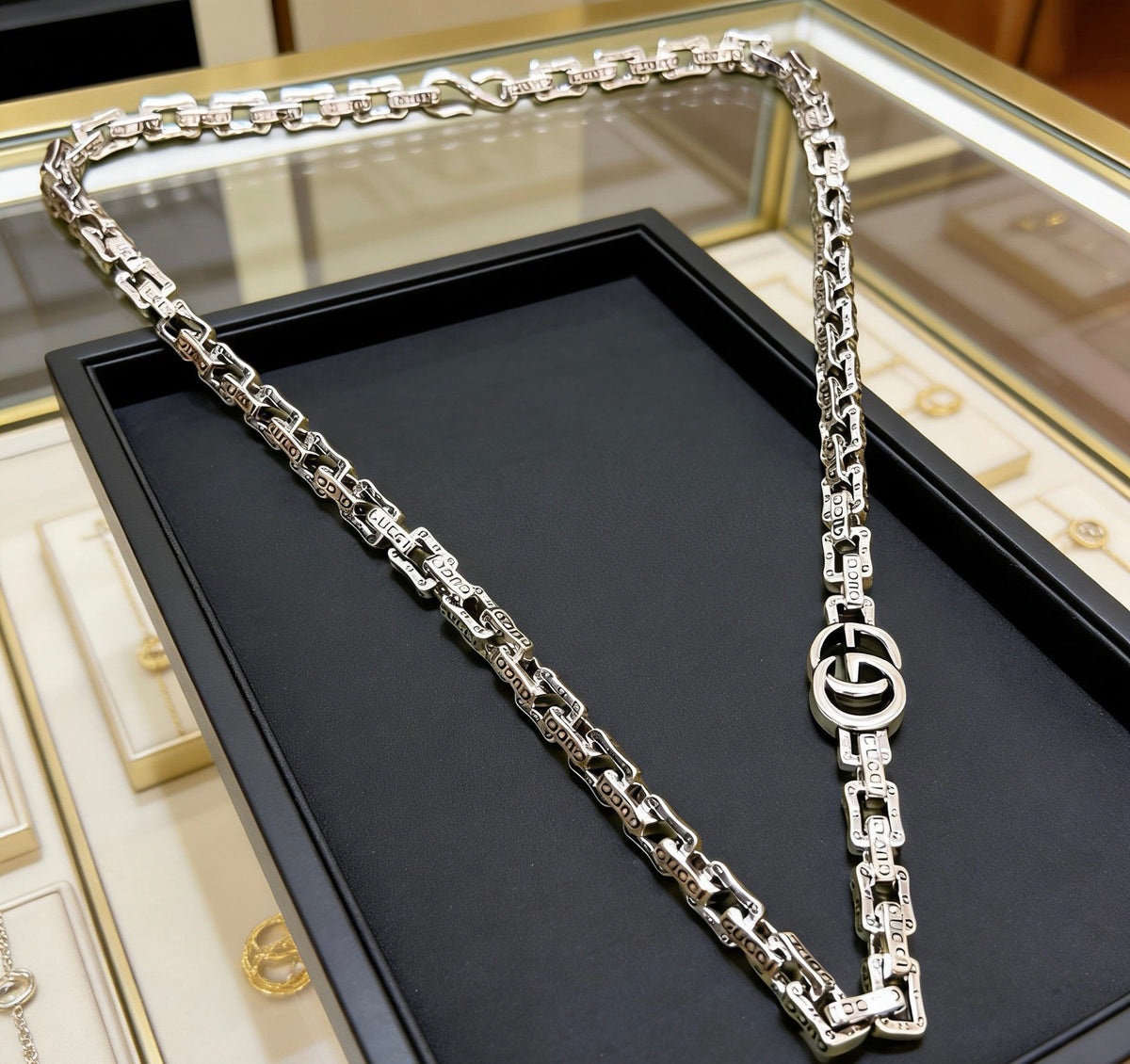 Double-G Emblem Pendant Necklace in Polished Metal-Tone – Design 104 front product view