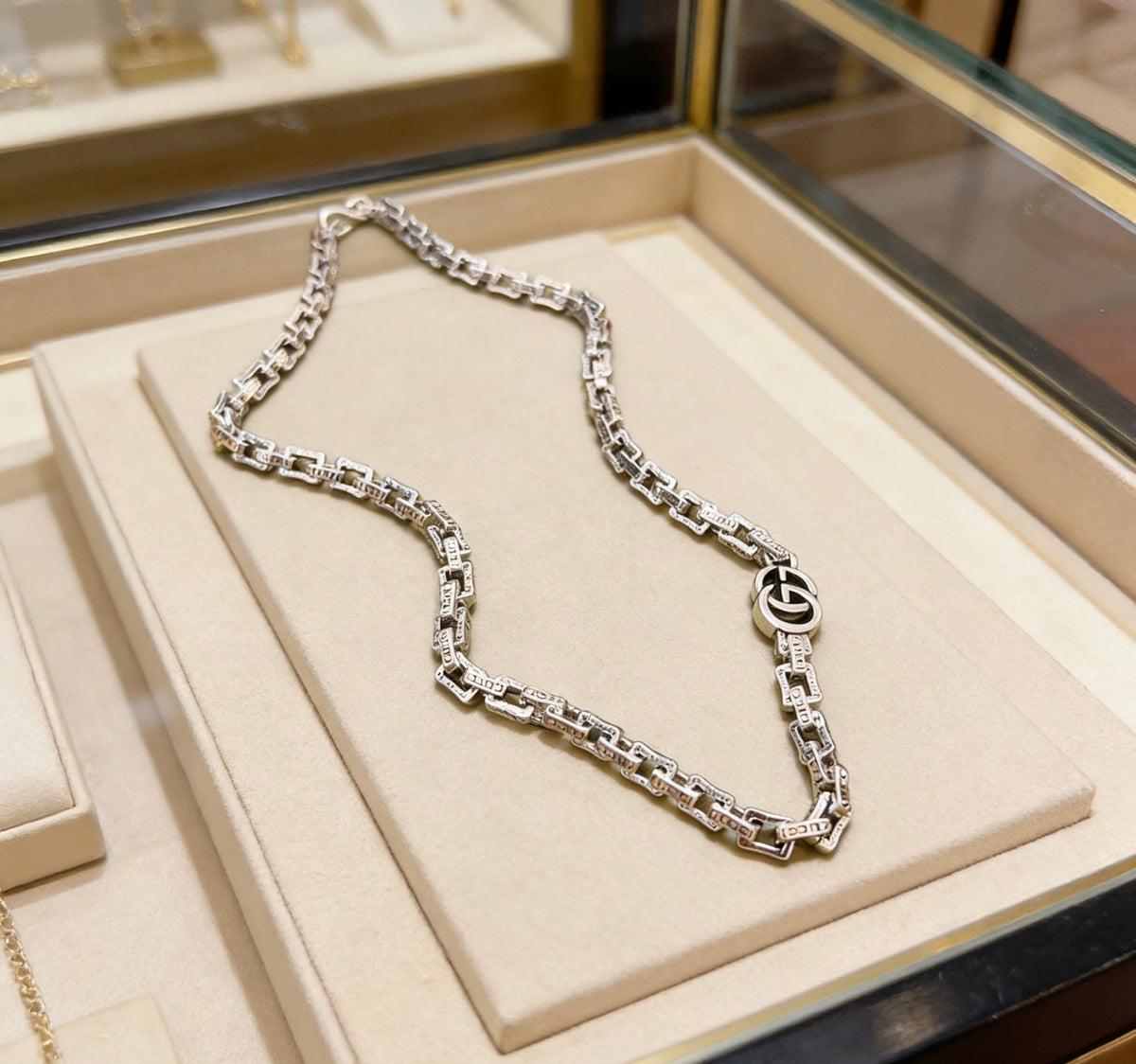 Double-G Emblem Pendant Necklace in Polished Metal-Tone – Design 104 front product view