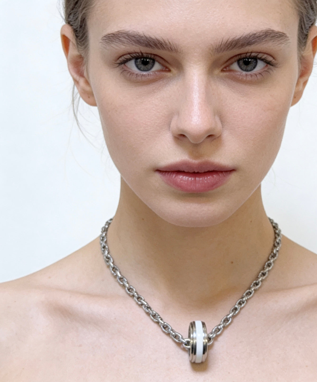 Double-G Emblem Pendant Necklace in Polished Metal-Tone – Vintage Detail – Design 026 styled product view