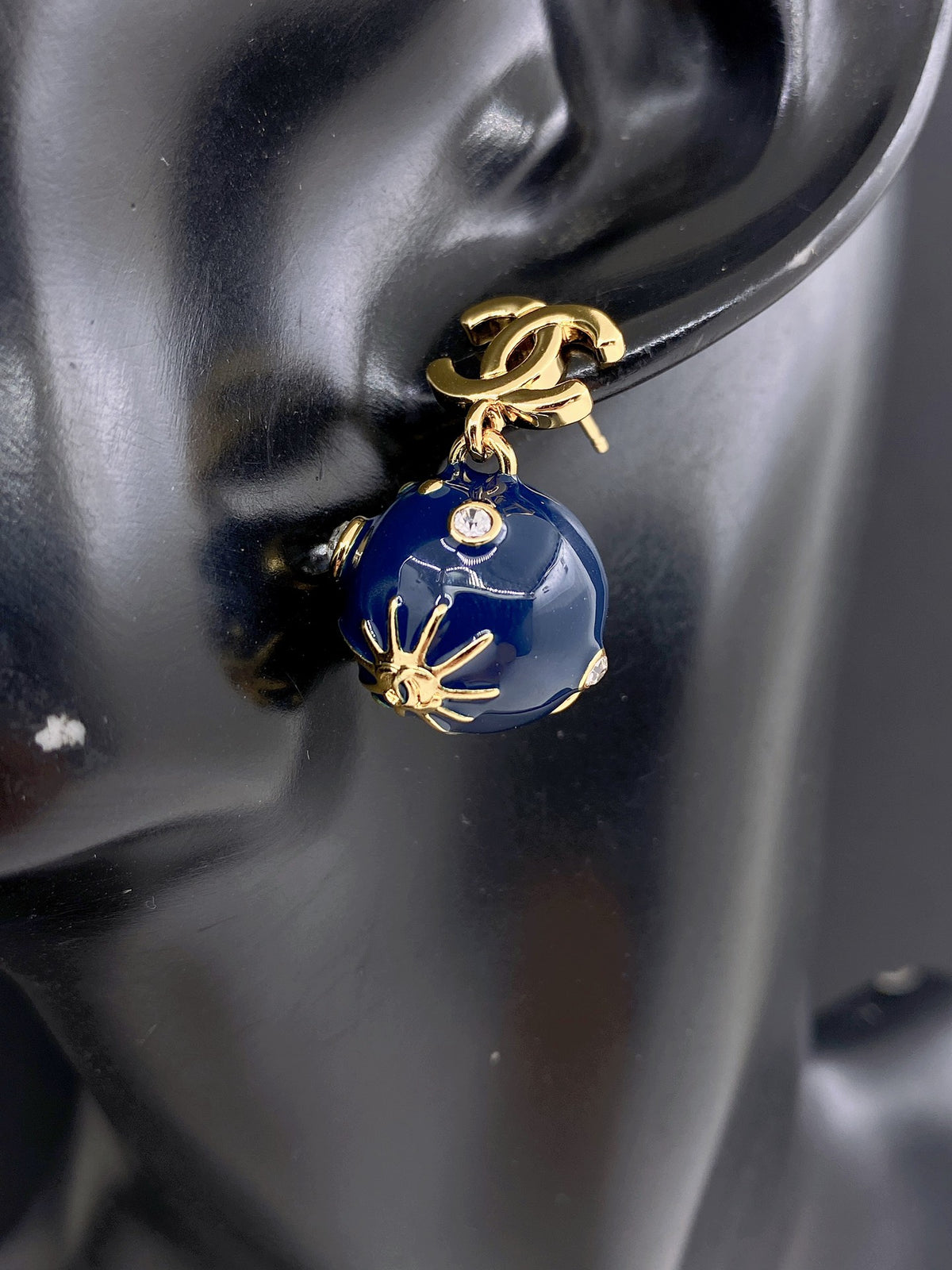 Signature Emblem Statement Earrings in Gold-Tone – Blue Detail – Design 003 front product view