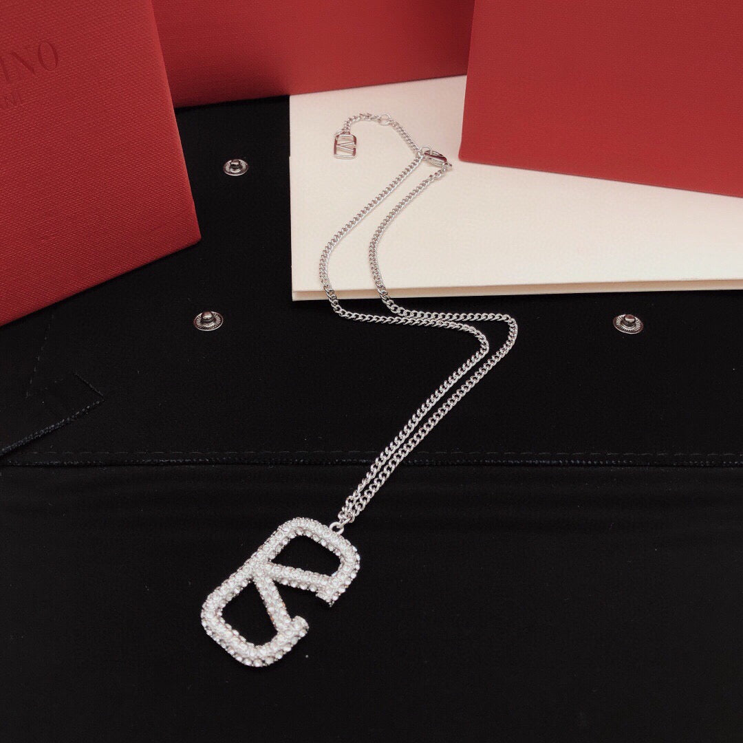 V Emblem Crystal-Accent Pendant Necklace – Design 03 close-up view