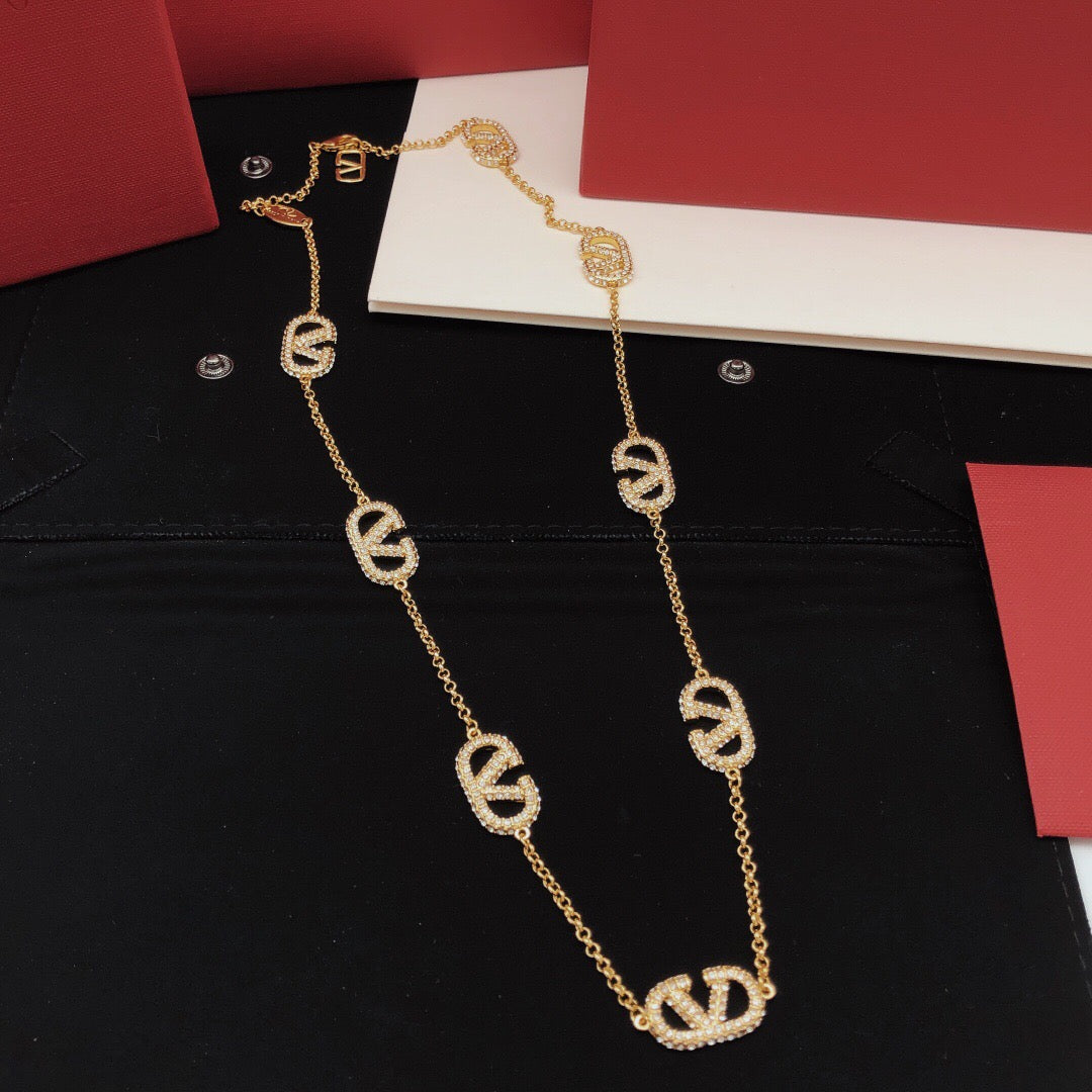V Emblem Crystal-Accent Pendant Necklace – Design 02 main product view