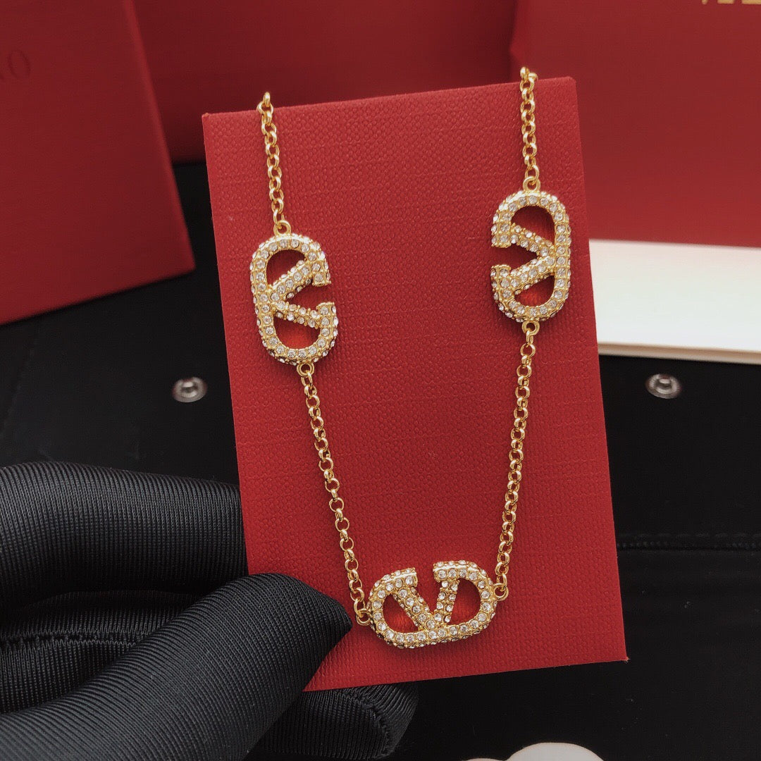 V Emblem Crystal-Accent Pendant Necklace – Design 02 detail view