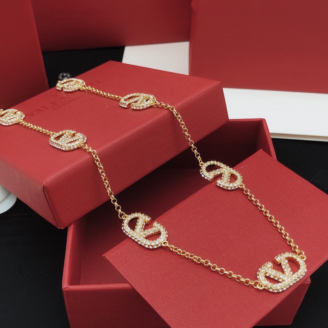 V Emblem Crystal-Accent Pendant Necklace – Design 02 front view